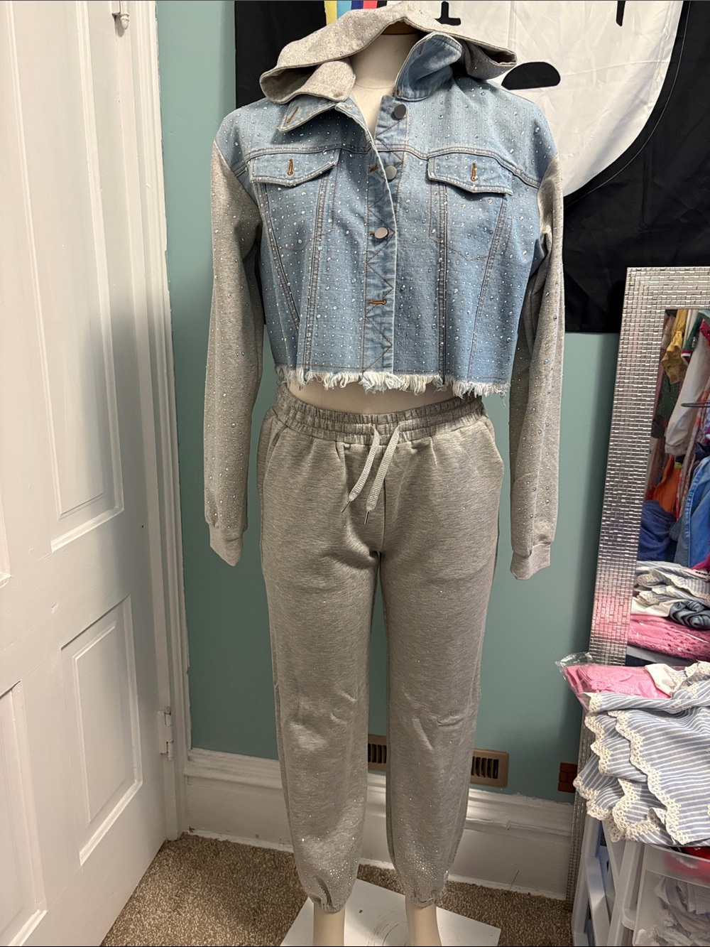 Kiwi Light Blue Denim & Gray Two-Piece Track Jogger Set
